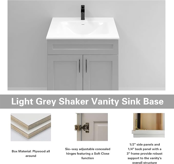36" Light Grey Shaker Bathroom Vanity Base – Ready-to-Assemble Sink Cabinet, Freestanding Bathroom Vanity Base Only, No Top or Sink