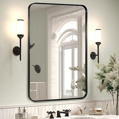 Wall Mount Mirror for Bathroom, Brush Black Metal Framed Rounded Corner Rectangular Vanity Mirror (20" x 30", Black)
