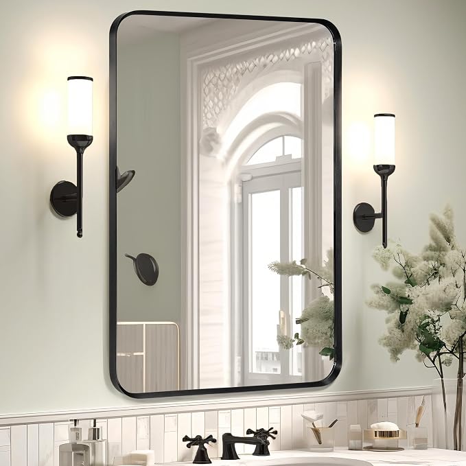 Wall Mount Mirror for Bathroom, Black Metal Framed, 20" x 30" | Rounded Corner, Rectangular Vanity Mirror, Tempered Glass, Brushed Frame, Hangs Horizontal or Vertical, HD Reflection Clarity