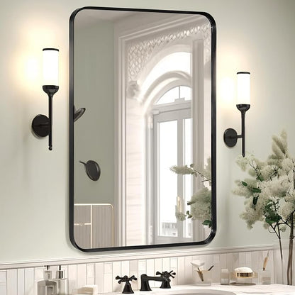 Wall Mount Mirror for Bathroom, Black Metal Framed, 20" x 30" | Rounded Corner, Rectangular Vanity Mirror, Tempered Glass, Brushed Frame, Hangs Horizontal or Vertical, HD Reflection Clarity