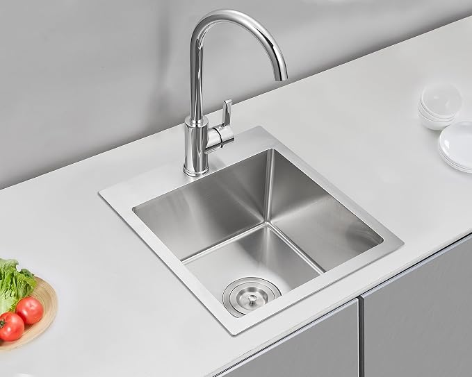 15"x17" Drop-In Single Bowl Bar Sink 304 Stainless Steel | 15"x17" Drop-in Sink | 304 SS | Topmount | Single Bowl | Single Faucet Hole | 8" Deep Basin | Brushed | Bar/Coffee Station