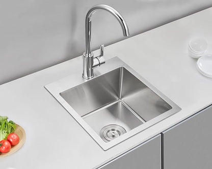 15 x 17 Inch Drop in Sink, Single Bowl Stainless Steel Handmade | 8" Deep Topmount Bar Sink with 1 Faucet Hole, Brushed Finish, Perfect for RV,Caravan and Small Home Kitchen