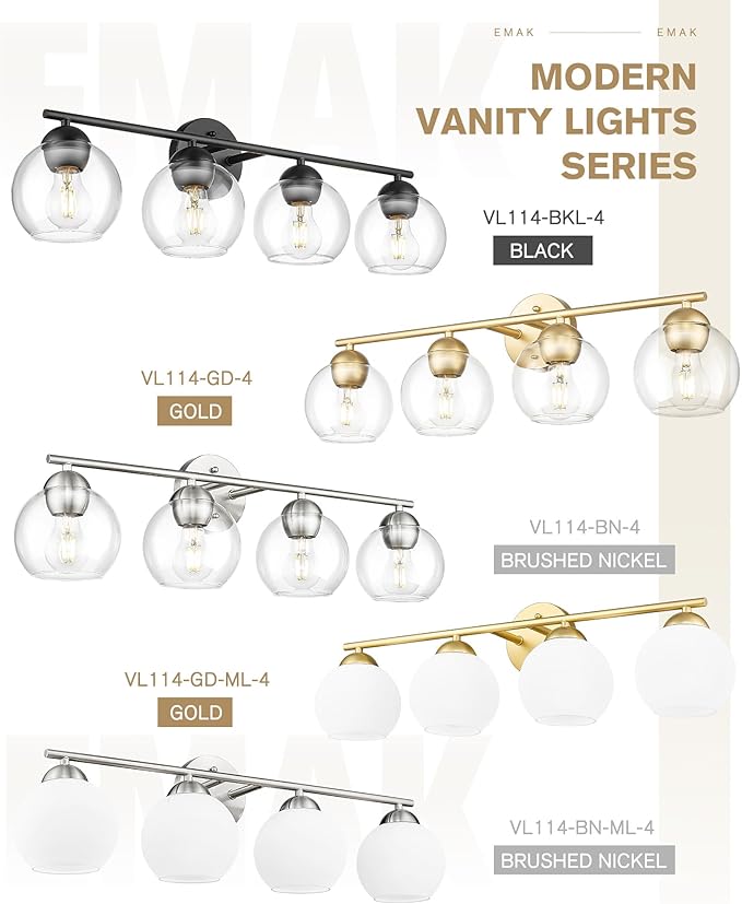 Emak Modern Brushed Nickel Vanity Light, 29 Inch Globe Bathroom Light Fixtures Over Mirror, 4 Light Bathroom Vanity Light with Milk Glass, VL114-BN-ML-4