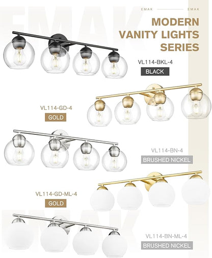 Emak Modern Brushed Nickel Vanity Light, 29 Inch Globe Bathroom Light Fixtures Over Mirror, 4 Light Bathroom Vanity Light with Milk Glass, VL114-BN-ML-4