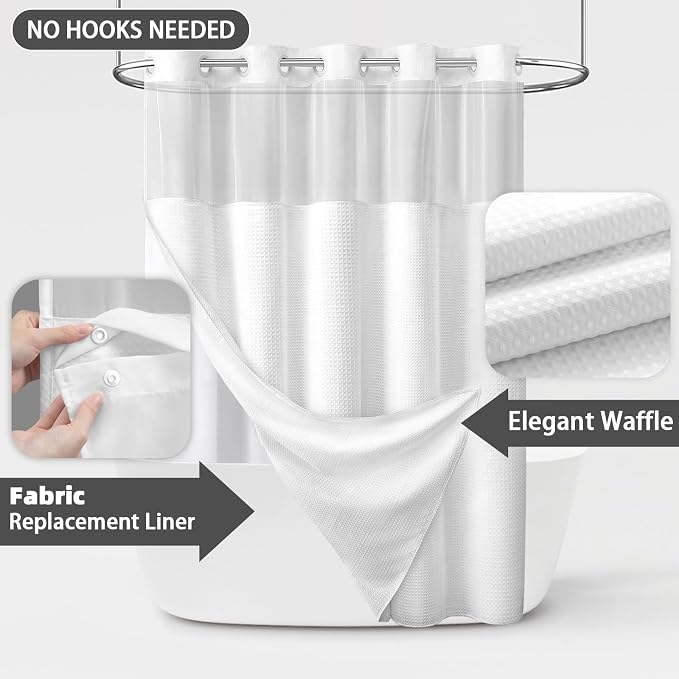 White Shower Curtain and Liner Set,230GSM Waffle Weave Textured Heavy Duty Hotel No Hook Shower Curtain 75" L x 72" W