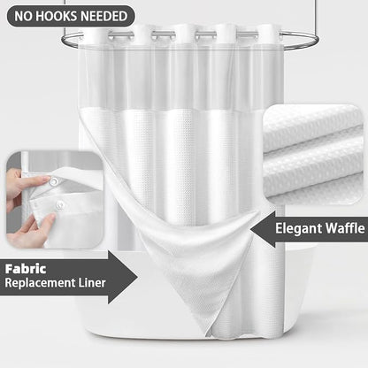 White Shower Curtain and Liner Set,230GSM Waffle Weave Textured Heavy Duty Hotel No Hook Shower Curtain 75" L x 72" W