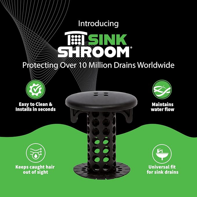 SinkShroom Hair Catcher, Matte Black Bathroom Sink Drain Protector, Hair Snare - Comes with 4 DrainShroom Toss Disposable Drain Snakes