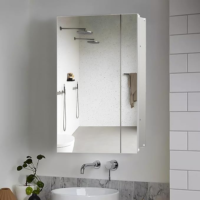 Bathroom Medicine Cabinet with Mirror, 16x20 Inch Small Mirror Cabinet, Assembly Needed, Aluminum Alloy Frame with Mirror, Surface or Recessed Medicine Cabinet with Removable Glass Shelves