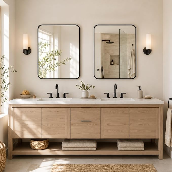 2-Pack 24x30 Inch Matte Black Rounded Rectangle Vanity Mirrors | Double Vanity or Two Bathrooms, Pair or Separate Use, Iron Frame, Layered Shadow Box Look, Two-Way Mount