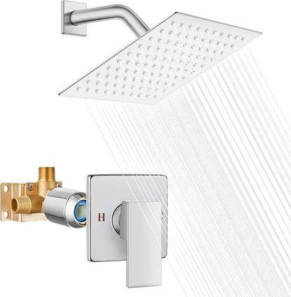 Heyalan 8-Inch Square Rain Shower Faucet Set with Valve, Polished Chrome | SUS304 stainless steel shower head, male NPT 1/2-inch valve, single-handle control, adjustable angle, 1.8 GPM
