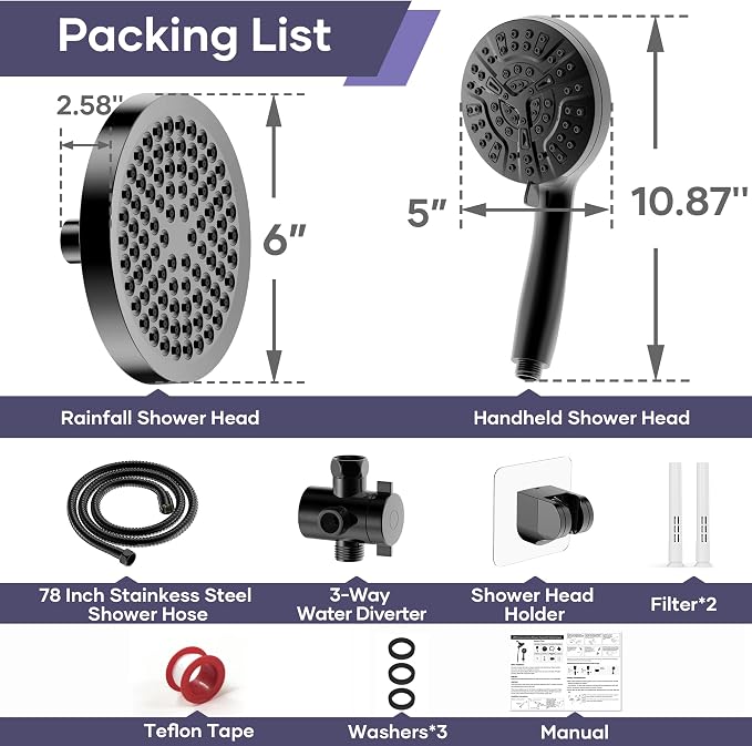 Shower Head with Handheld Spray Combo, Dual Rain Shower Head | High Pressure Performance, 10-Mode Spray Options, Replaceable Filter, Flexible 67" Hose, Durable Black Finish