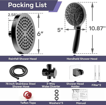 Shower Head with Handheld Spray Combo, Dual Rain Shower Head | High Pressure Performance, 10-Mode Spray Options, Replaceable Filter, Flexible 67" Hose, Durable Black Finish