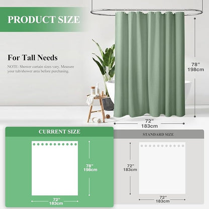 Long Waffle Shower Curtain 256 GSM Heavy Fabric 72x78 Sage Green | 78 Inch Long, Thick Cloth, Weighted Hem, Water Repellent, Tall Hotel Luxury Polyester Shower Curtains for Bathroom 12 Hooks