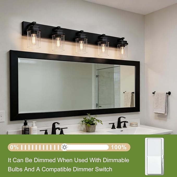 Black Bathroom Light Fixtures, 5 Lights Bathroom Lighting Fixtures Over Mirror, Square Design & Rectangle Large Backplate, Modern Vanity Lighting Fixtures, for Bathroom/Living Room/Bedroom