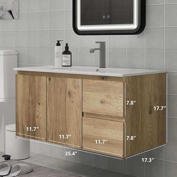 Wall-Mounted Bathroom Vanity with Sink, 2 Soft-Close Drawers and Doors – Moisture-Resistant MDF, Space-Saving Design for Modern Bathrooms (Nature with Sink, 36)