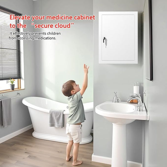 Locking Medicine Cabinet Wall-Mount: Storage Cabinet with Lock & Key - White Metal First Aid Kits for Family Safety and Childproofing
