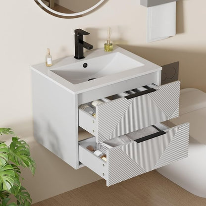 LUCKWIND 24" Floating Bathroom Vanity with Sink Combo, Wall Mounted Floating Cabinet with 2 Large Soft-Close Drawers & Water Saving Faucet, Geometric Textured Design in White