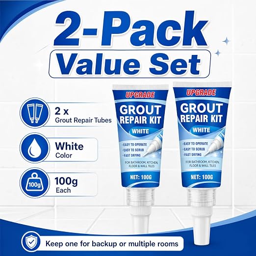 Tile Grout Repair Kit, 2 Pack Fast Drying Grout Sealer Tube | Easy DIY to Restore and Renew Tile Joints for Bathroom Shower Kitchen, Waterproof Tile Grout Paint(White), with Tools