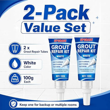 Tile Grout Repair Kit, 2 Pack Fast Drying Grout Sealer Tube | Easy DIY to Restore and Renew Tile Joints for Bathroom Shower Kitchen, Waterproof Tile Grout Paint(White), with Tools