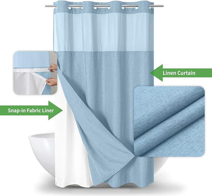eachope No Hook Fabric Shower Curtain with Snap-in Liner,54x80 Fog Blue | Linen Texture,230GSM Thick Fabric,Hotel Luxury Decor,Mesh Window,Waterproof & Machine Washable,for Shower Stall or Bathroom