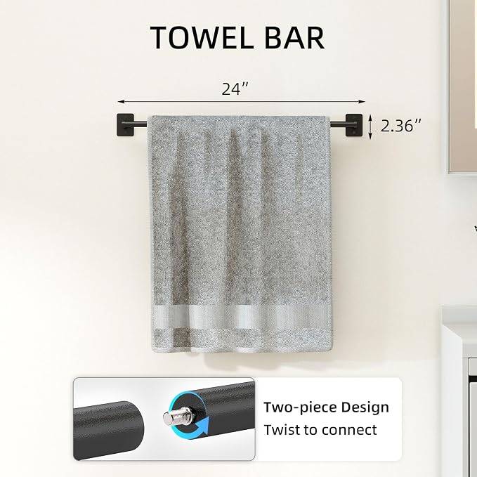 Matte Black Bathroom Accessories Set 4-Pieces, Towel Racks for Bathroom 24Inch Towel Bar, Towel Ring, Towel Hooks, Toilet Paper Holder with Shelf, Stainless Steel Wall Mounted Bathroom Hardware Set