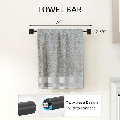 Matte Black Bathroom Accessories Set 4-Pieces, Towel Racks for Bathroom 24Inch Towel Bar, Towel Ring, Towel Hooks, Toilet Paper Holder with Shelf, Stainless Steel Wall Mounted Bathroom Hardware Set