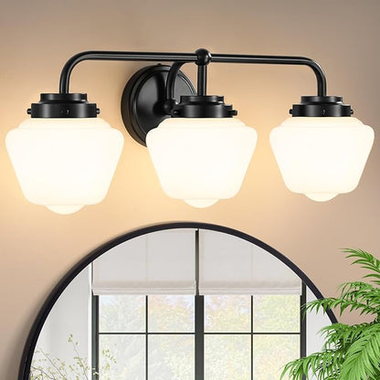 Bathroom Vanity Light Fixtures: 3-Light Black Vanity Lights for Bathroom Over Mirror, Farmhouse Wall Sconce Lighting with Frosted Milky Glass for Kitchen (Exclude Bulb)