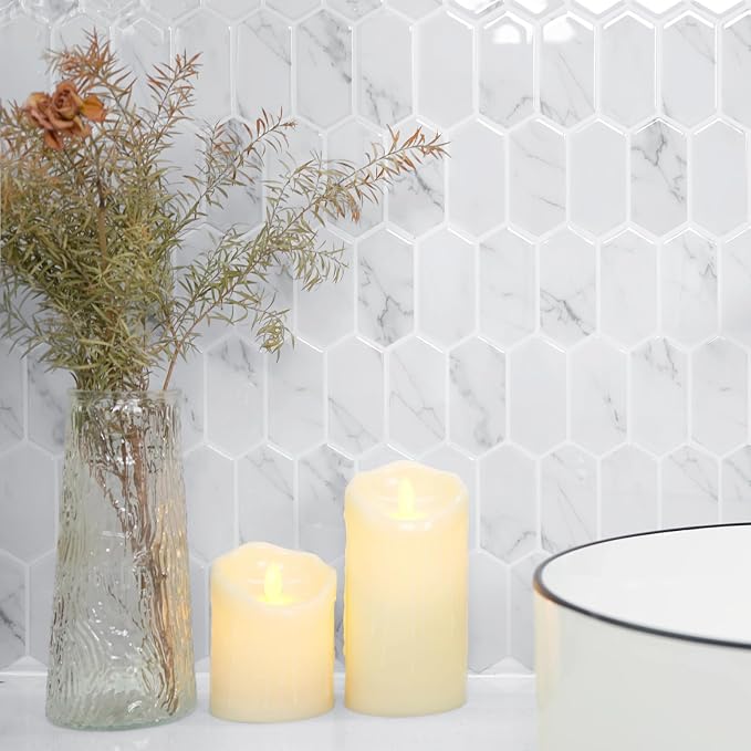 Vamos Tile Upgraded Thicker Design Backsplash Tile Peel and Stick, 10-Sheet Grey Marble Long Hexagon Self Adhesive Wall Tiles Stick On Backsplash for Kitchen Bathroom RV Fireplace