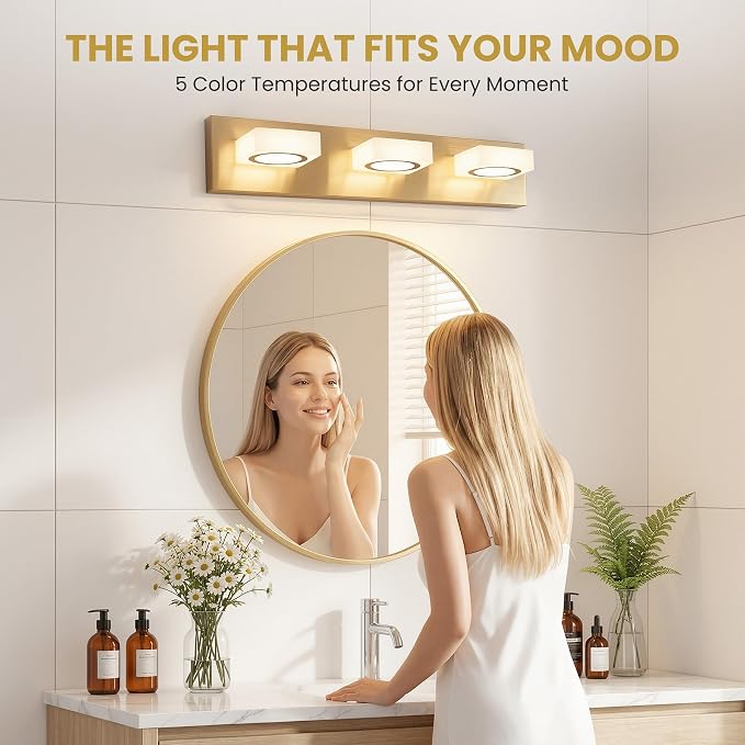 Bathroom Vanity Light, 3-Light 24 Inch Brushed Gold 5CCT 2700-6500K LED Bathroom Light Fixtures Over Mirror, Vanity Lighting Modern Bath Wall Sconce for Mirror Bedroom Living Room