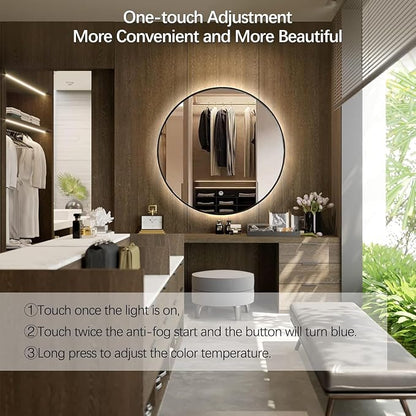 Niccy Round LED Bathroom Mirrors, Black Framed Backlit Vanity Mirror, 30" | LED Smart Circle Mirror with 3 Color Lighting, Anti-Fog Lighted, IP65 Waterproof, Wall Mounted Bathroom Vanity