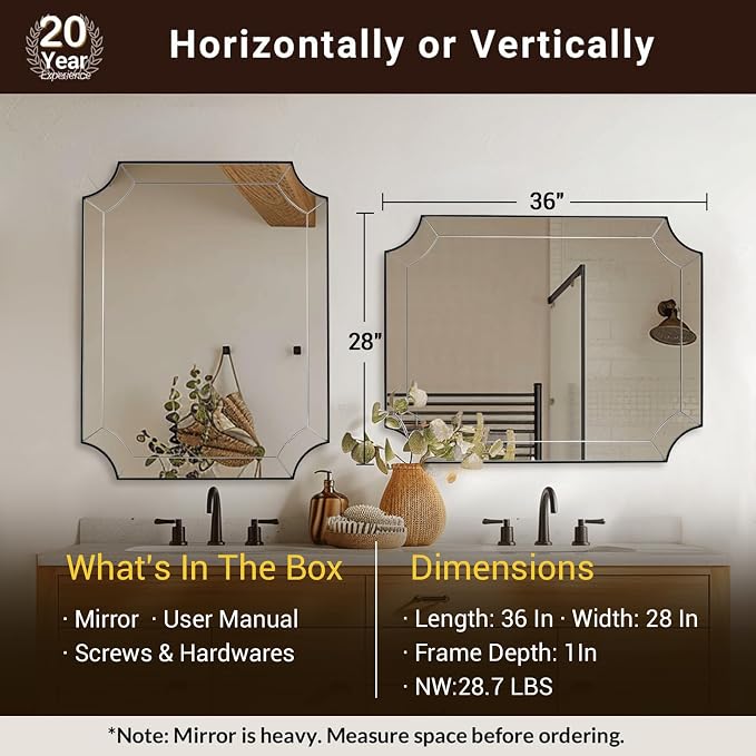 28x36 Inch Matte Black Mirror, Black Framed Mirror for Bathroom, Unique Rectangle Mirror with Sophisticated Curved Design for Bathroom, Powder Room, Entryway (Vertical or Horizontal)