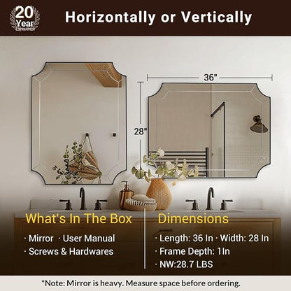 28x36 Inch Matte Black Mirror, Black Framed Mirror for Bathroom, Unique Rectangle Mirror with Sophisticated Curved Design for Bathroom, Powder Room, Entryway (Vertical or Horizontal)