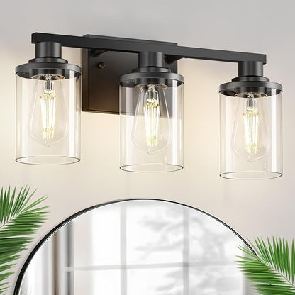L LOHAS LED 3-Light Black Bathroom Light Fixtures,Modern Bathroom Lighting Fixtures Over Mirror with Clear Glass Shade, Vanity Lights for Living Room, ETL Listed | Clear Glass Shades; Modern Bathroom Lighting Fixture for Living Rooms