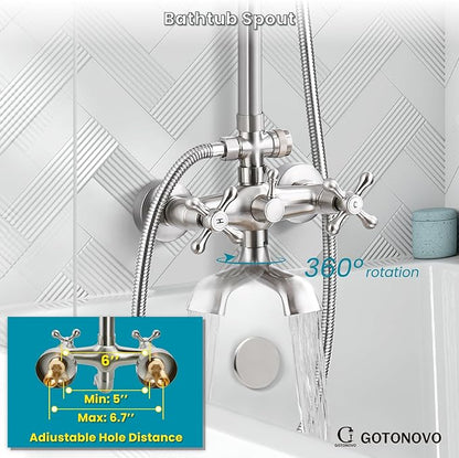 gotonovo Exposed Shower Faucet Set 8 Inch Rainfall Showerhead 3-Function Shower Fixture with Tub Spout 2 Corss Handles Shower System, Brushed Nickel
