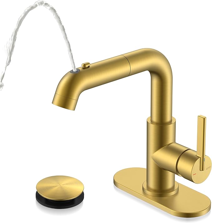 Gold kitchen faucet with a white hose on a white background