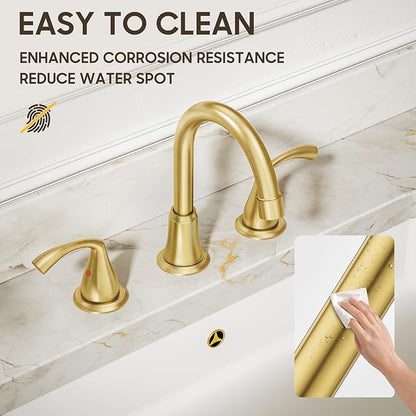 Phiestina 8 Inch 3 Hole 2 Handle Widespread Brushed Gold Bathroom Sink Faucet, Modern Bathroom Faucet with Metal Pop up Drain and Water Supply Lines, WFJC180-BG