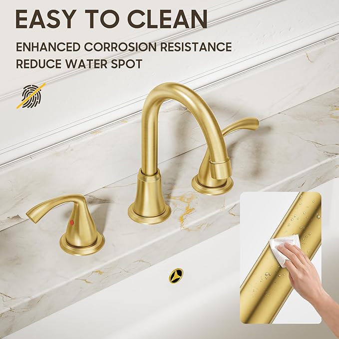 Phiestina 8 Inch 3 Hole 2 Handle Widespread Brushed Gold Bathroom Sink Faucet 2 Pack, Modern Bathroom Faucet with Metal Pop up Drain and Water Supply Lines,WFJC180-BG-2PACK