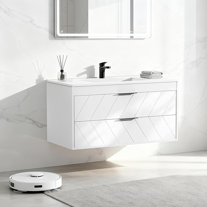 36 Inch Bathroom Vanity with Sink, Modern Floating Bathroom Vanity with Resin Sink, 2 Large Storage Darwers, Wood Grain Texture Wall Mounted Vanity, Metal Handles, White