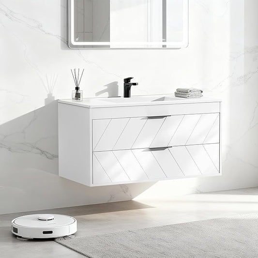 30 Inch Bathroom Vanity with Sink, Modern Floating Bathroom Vanity with Resin Sink, 2 Large Storage Darwers, Wood Grain Texture Wall Mounted Vanity, Metal Handles, White