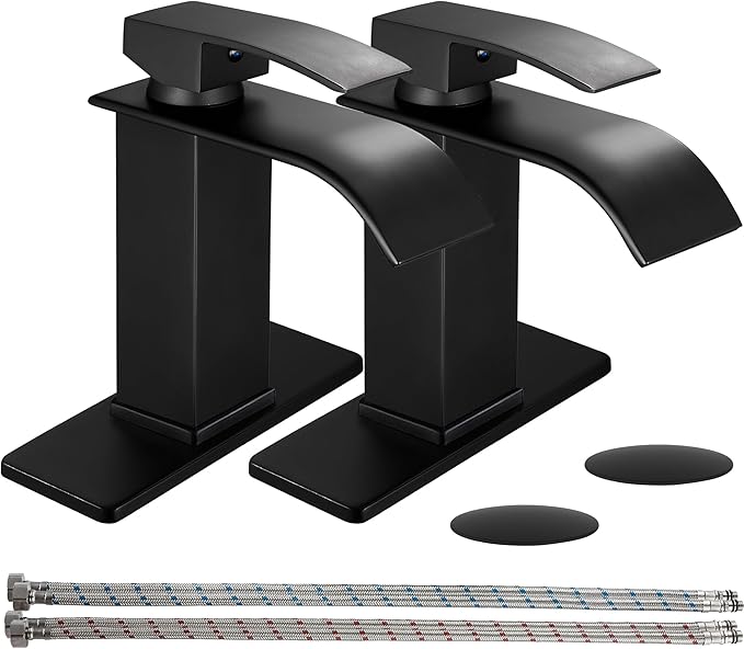 sagetta Waterfall Bathroom Sink Faucet Single Hole Black with Three Hole Cover Deck Plate, Pop up Drain and Water Hoses Stainless Steel Vanity