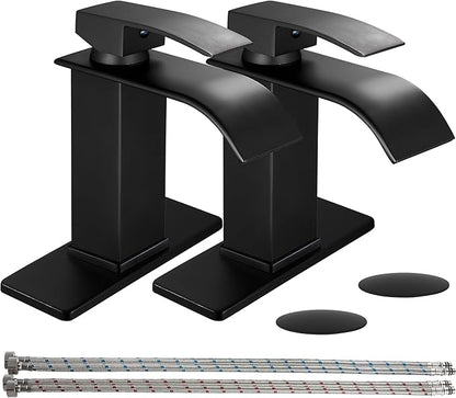 sagetta Waterfall Bathroom Sink Faucet Single Hole Black with Three Hole Cover Deck Plate, Pop up Drain and Water Hoses Stainless Steel Vanity