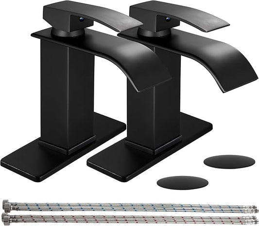 sagetta Waterfall Bathroom Sink Faucet Single Hole Black with Three Hole Cover Deck Plate, Pop up Drain and Water Hoses Stainless Steel Vanity