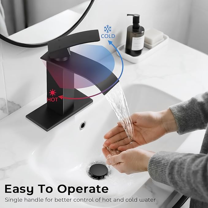 Matte Black Bathroom Faucets, Waterfall Bathroom Sink Faucet Single Handle Bathroom Faucet for 1 or 3 Hole, Mixer Tap Vanity Faucet with Deck Plate, Pop-up Drain and Supply Hoses