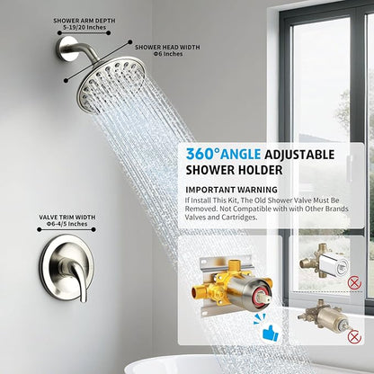 Brushed Nickel Shower Faucet Set, EMBATHER Shower Fixtures with 6 Inch Rainfall Shower Head, Single Handle Control Shower Valve and Trim Kit