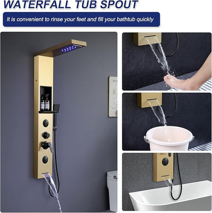 ROVATE LED Rainfall Waterfall Shower Panel Tower System with Shelf, Brushed Gold Shower Column Stainless Steel with Powerful Mist and Massage Body Jets, Handheld, Waterfall Tub Spout