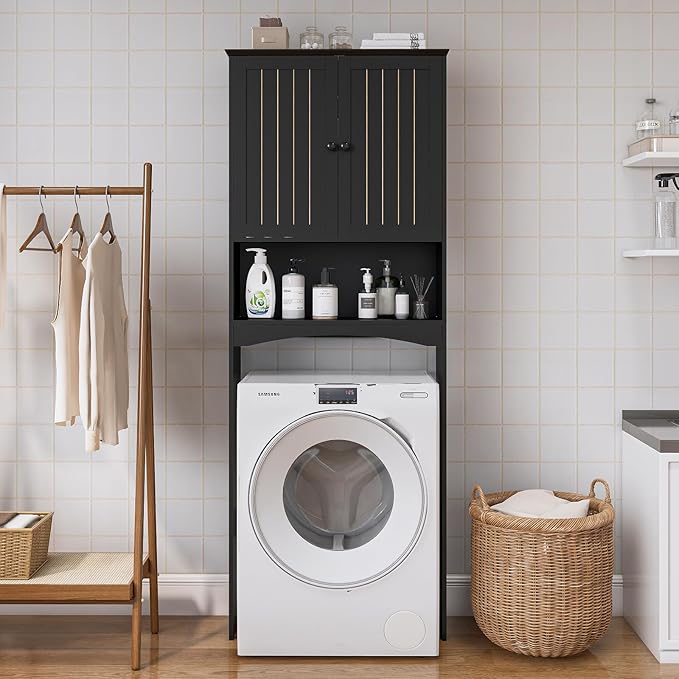 Over The Toilet Storage Cabinet for Small Bathrooms, Freestanding Space Saver with Double Doors & 2 Fixed Shelves, Stable Wood Organizer with Anti-Tip Kit, Fits 33-Inch Clearance Black