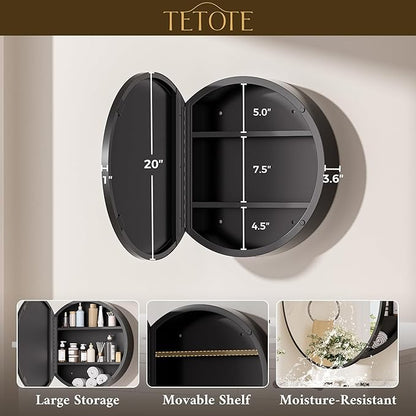 TETOTE 20 x 20 Inch Medicine Cabinet Mirror Black Framed Round Mirrored Medicine Cabinets for Bathroom Adjustable Shelves Modern Bathroom Mirror with Storage Wall Mounted
