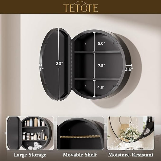 TETOTE 20 x 20 Inch Medicine Cabinet Mirror Black Framed Round Mirrored Medicine Cabinets for Bathroom Adjustable Shelves Modern Bathroom Mirror with Storage Wall Mounted