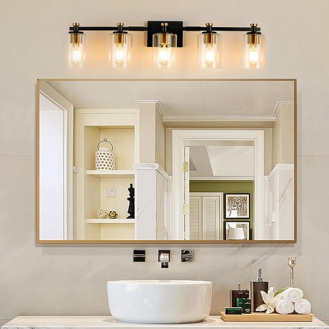 5 Light Bathroom Vanity Light Fixtures, Black and Gold with Clear Glass Shade, Modern Wall Sconce Over Mirror, Brushed Gold for Bathroom (E26 Base)