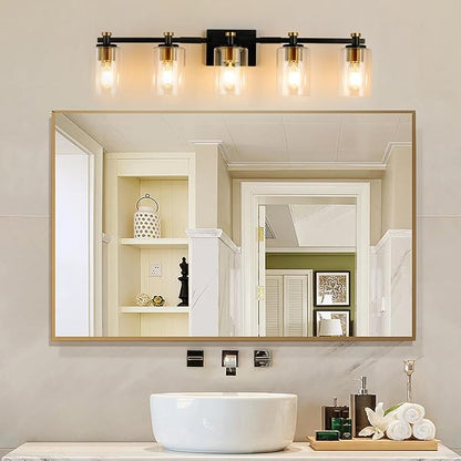 5 Light Bathroom Vanity Light Fixtures, Black and Gold with Clear Glass Shade, Modern Wall Sconce Over Mirror, Brushed Gold for Bathroom (E26 Base)